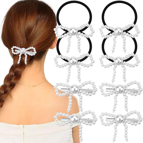 Haarnadel, 8 Stück, Haarspange mit Perlenschleife, Haargummi, süße Haarspangen mit Perlen, Haarnadel aus Metall mit Schleife, rutschfeste Haarspangen in Entenschnabelform, Zubehör for Frauen und Mädch von MMBUY