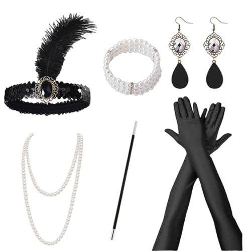 MMCCHB 7 Stück 1920er Jahre Zubehör Set Maskerade Prop Kopfschmuck mit Feder Lange Handschuhe Damen Accessoires von MMCCHB