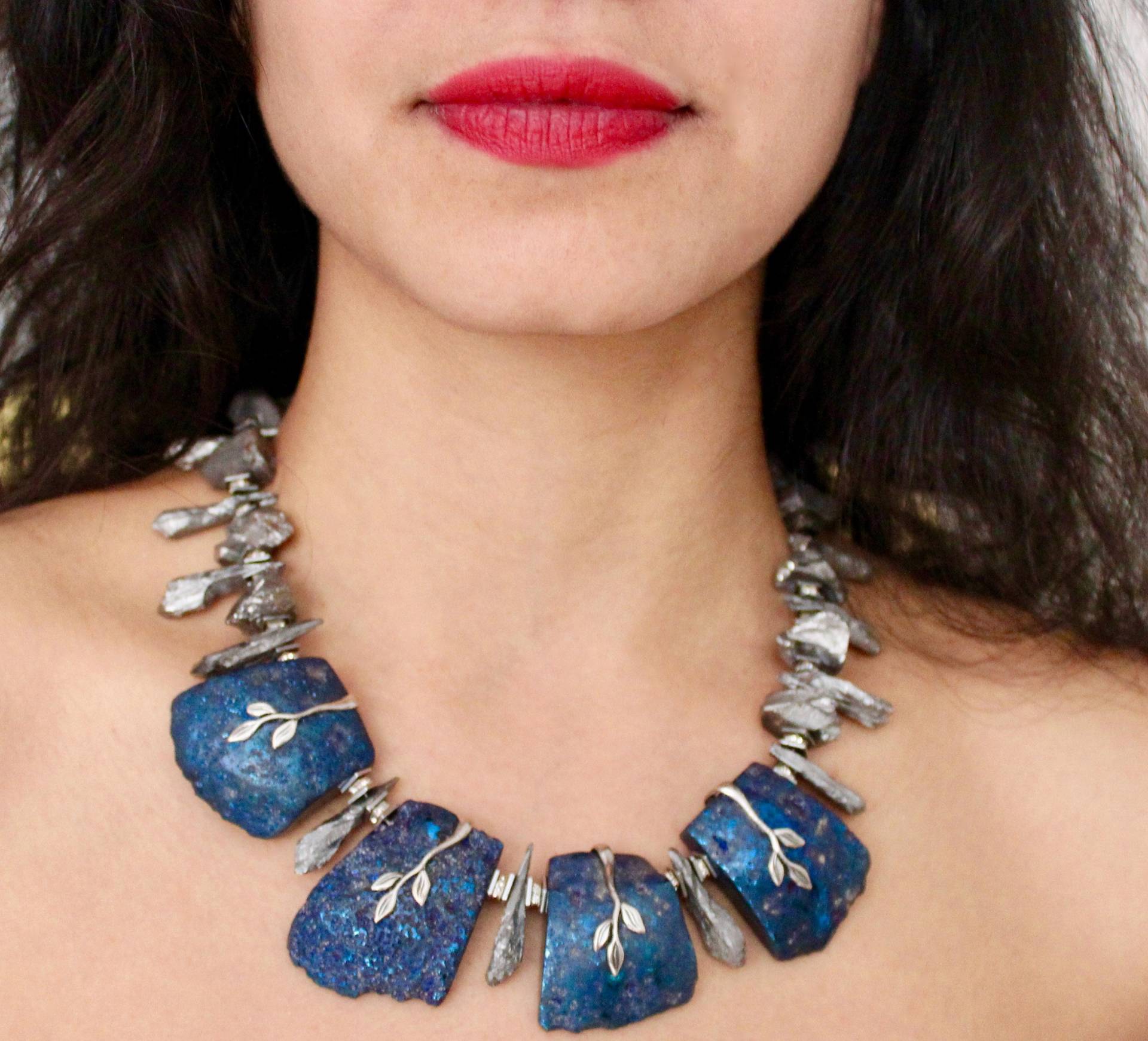 Blau Und Silber Achat, Strass Sterling Halskette von MMCollectionByMartha