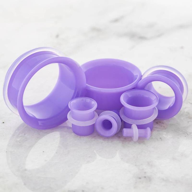 Paar Single Flare Pyrexglas Periwinkle Tunnel von MMGLASSWORKS