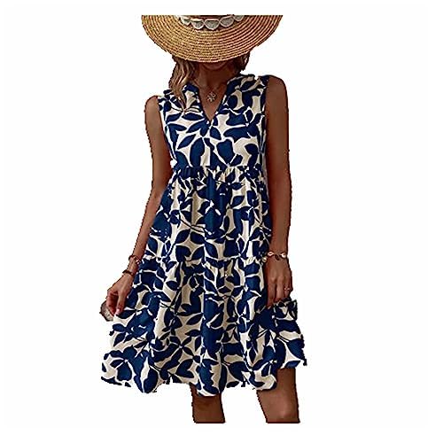 Damen Sommerkleid Knielang Strandkleid Ärmellos Swing Tunika Lässiges Kleider Sexy Elegant Boho Blusenkleid Sommer lockeres Kleid Strandkleid Minikleid (Blau,L) von MMIHOIM