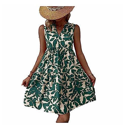 Damen Sommerkleid Knielang Strandkleid Ärmellos Swing Tunika Lässiges Kleider Sexy Elegant Boho Blusenkleid Sommer lockeres Kleid Strandkleid Minikleid (Grun,2XL) von MMIHOIM