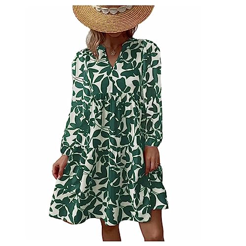 Damen Sommerkleid Knielang Strandkleid Ärmellos Swing Tunika Lässiges Kleider Sexy Elegant Boho Blusenkleid Sommer lockeres Kleid Strandkleid Minikleid (Langarm Grun,XL) von MMIHOIM