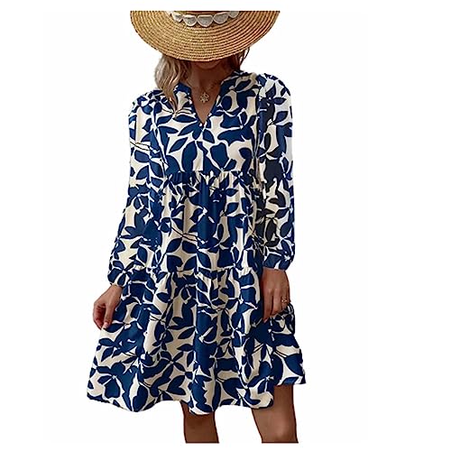 Damen Sommerkleid Knielang Strandkleid Ärmellos Swing Tunika Lässiges Kleider Sexy Elegant Boho Blusenkleid Sommer lockeres Kleid Strandkleid Minikleid (Langarm blau,L) von MMIHOIM