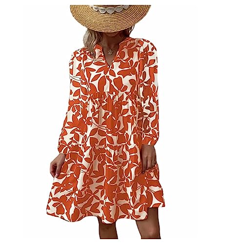 Damen Sommerkleid Knielang Strandkleid Ärmellos Swing Tunika Lässiges Kleider Sexy Elegant Boho Blusenkleid Sommer lockeres Kleid Strandkleid Minikleid (Langarm orange,4XL) von MMIHOIM