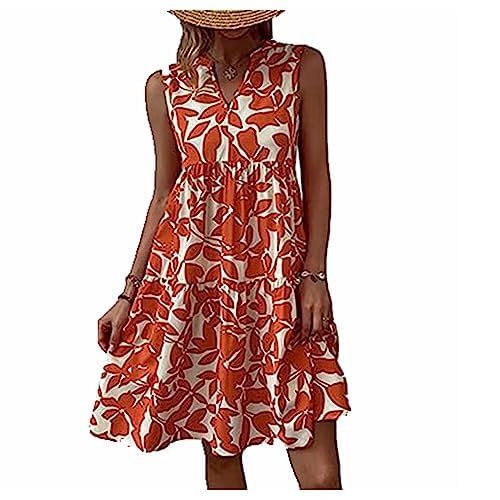 Damen Sommerkleid Knielang Strandkleid Ärmellos Swing Tunika Lässiges Kleider Sexy Elegant Boho Blusenkleid Sommer lockeres Kleid Strandkleid Minikleid (orange,L) von MMIHOIM