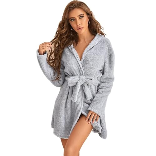 MMIHOIM Bademantel Damen Flauschig, Fleece Morgenmantel Damen Dressing Saunamantel Winter Warm Hausmantel Weich Nachtwäsche Reisemantel Schalkragen Langarm Loungewear mit Taschen (Blau,S) von MMIHOIM