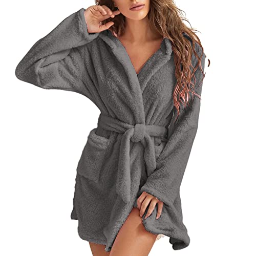 MMIHOIM Bademantel Damen Flauschig, Fleece Morgenmantel Damen Dressing Saunamantel Winter Warm Hausmantel Weich Nachtwäsche Reisemantel Schalkragen Langarm Loungewear mit Taschen (Grau,L) von MMIHOIM