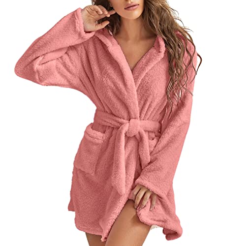 MMIHOIM Bademantel Damen Flauschig, Fleece Morgenmantel Damen Dressing Saunamantel Winter Warm Hausmantel Weich Nachtwäsche Reisemantel Schalkragen Langarm Loungewear mit Taschen (Rosa,2XL) von MMIHOIM