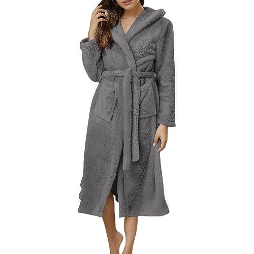 MMIHOIM Bademantel Damen flauschig mit Kapuze Bademantel Damen Flauschig, Fleece Morgenmantel Damen, Kuschelige Bademäntel für Damen (Grau,M) von MMIHOIM