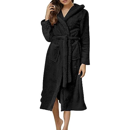 MMIHOIM Bademantel Damen flauschig mit Kapuze Bademantel Damen Flauschig, Fleece Morgenmantel Damen, Kuschelige Bademäntel für Damen (Schwarz,L) von MMIHOIM