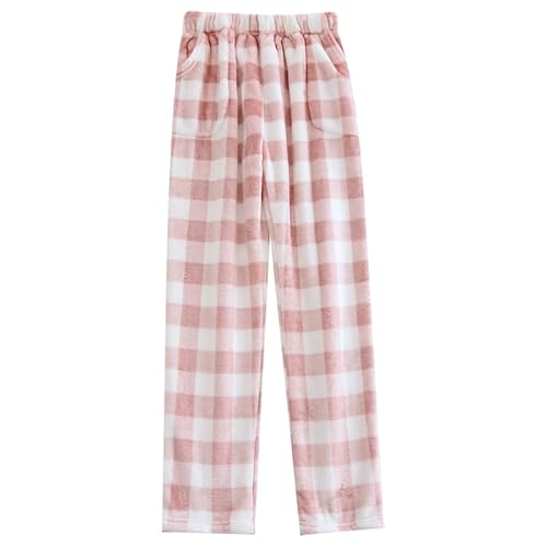 MMIHOIM Damen Flauschige Plüsch Karierte Pyjamahose, Winter Warme Plüschhose, Bequeme Jogginghose Mit Taschen, Haushose Fleecehose Sporthose (M,Rosa) von MMIHOIM