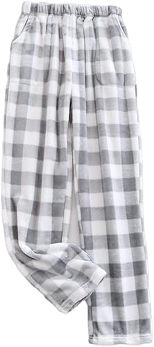 MMIHOIM Damen Flauschige Plüsch Karierte Pyjamahose, Winter Warme Plüschhose, Bequeme Jogginghose Mit Taschen, Haushose Fleecehose Sporthose (M,grau) von MMIHOIM