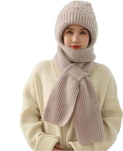 MMIHOIM Damen Verdickter Warmer Einteiliger Hutschal, 2 in 1 Winterschal Mütze, Integrierter Gehörschutz Winddichte Mütze Schal, Winter Warm Strickmütze, Kapuzenschal für Frauen (one Size,Beige) von MMIHOIM