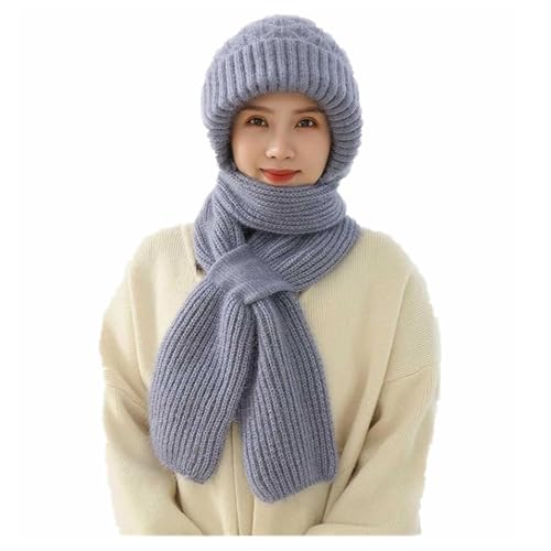 MMIHOIM Damen Verdickter Warmer Einteiliger Hutschal, 2 in 1 Winterschal Mütze, Integrierter Gehörschutz Winddichte Mütze Schal, Winter Warm Strickmütze, Kapuzenschal für Frauen (one Size,Blau) von MMIHOIM