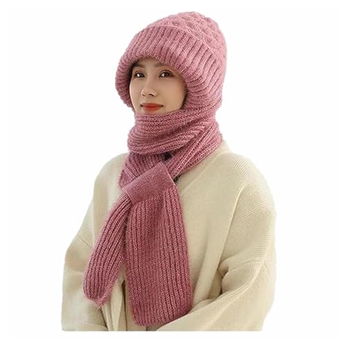 MMIHOIM Damen Verdickter Warmer Einteiliger Hutschal, 2 in 1 Winterschal Mütze, Integrierter Gehörschutz Winddichte Mütze Schal, Winter Warm Strickmütze, Kapuzenschal für Frauen (one Size,Rosa) von MMIHOIM