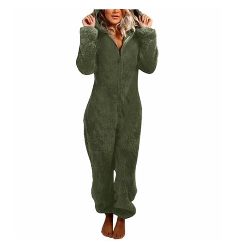 MMIHOIM Jumpsuit Damen Winter Warm Overall Teddy Fleece Einteiler Damen Große Größe Jumpsuit Teddy Fleece Einteiler Onesie Flauschig Weich Hausanzug Einfarbig Schlafoverall (Grün,2XL) von MMIHOIM