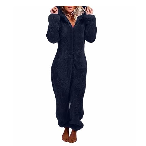 MMIHOIM Jumpsuit Damen Winter Warm Overall Teddy Fleece Einteiler Damen Große Größe Jumpsuit Teddy Fleece Einteiler Onesie Flauschig Weich Hausanzug Einfarbig Schlafoverall (Navy blau,L) von MMIHOIM