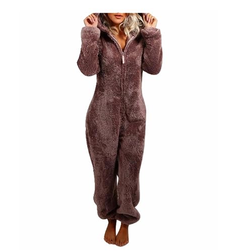 MMIHOIM Jumpsuit Damen Winter Warm Overall Teddy Fleece Einteiler Damen Große Größe Jumpsuit Teddy Fleece Einteiler Onesie Flauschig Weich Hausanzug Einfarbig Schlafoverall (braun,3XL) von MMIHOIM