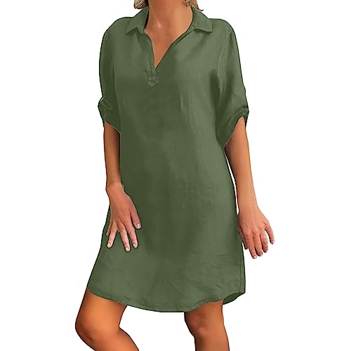 MMIHOIM Kleid Baumwolle Damen Sommer Sommerkleid Knielang Tshirt Kleid Große Größen Blusenkleid mit Knöpfen V-Ausschnitt Revers Baumwolle Einfarbige Vintage Kleider Hemdkleid Shirtkleid (L,Grun) von MMIHOIM