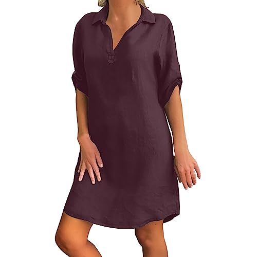 MMIHOIM Kleid Baumwolle Damen Sommer Sommerkleid Knielang Tshirt Kleid Große Größen Blusenkleid mit Knöpfen V-Ausschnitt Revers Baumwolle Einfarbige Vintage Kleider Hemdkleid Shirtkleid (XL,Weinrot) von MMIHOIM