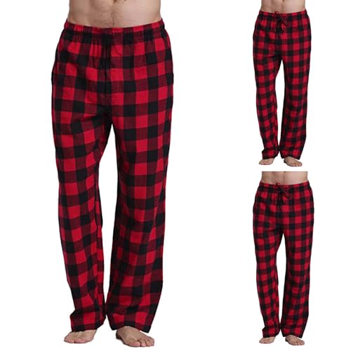 MMIHOIM Schlafanzughose Herren Lang Fleece Karierte Pyjamahose Winter Warm Pyjama Hose Soft Freizeithose Weihnachts Pyjama mit Taschen und Kordelzug (Rot,XL) von MMIHOIM