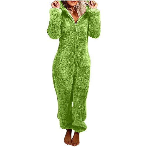 MMIHOIM Schlafoverall Damen Jumpsuit Damen Winter Warmer Fleece Overall Teddy Damen Fleece Onesie Damen kuschelig Einteiler Winter Fleece Einteiler Onesie Warm Schlafanzug Lang Pyjama (hellgrün,4XL) von MMIHOIM