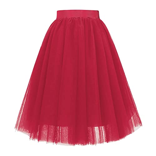 Tüllrock Damen Karneval Unterrock Tütü Rock Hohe Taille Elastische Petticoat Tüllrock Party Rockabilly Tüll Rock Midirock Crinoline (A-Rot2,M) von MMIHOIM