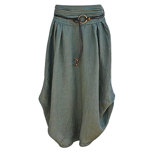 MMOOVV Damen Rock aus Baumwollleinen eleichter und lockerer Langer Rock, eleganter asymmetrischer Retro Rock elegant Saum Fahrradrock Damen (Green, XXL) von MMOOVV