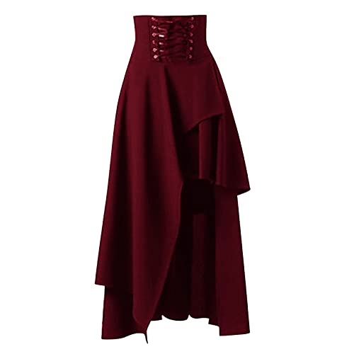 Gothic Kleidung Vintage Baumwolle Schwarze Spitzenröcke Winterrock Gothic Rock, unregelmäßiger Trägerrock, Lolita Rock für Damen, Retro Mode Abschlussballrock (Wine, S) von MMOOVV