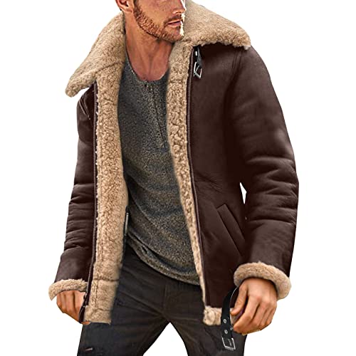 Herren Winter Parka Freizeitjacke Stehkragen Jacke Fleece Winter Plüschjacke Outdoor Winterparka Cargo Fliegerjacke Ledermantel Mantel (Brown, M) von MMOOVV