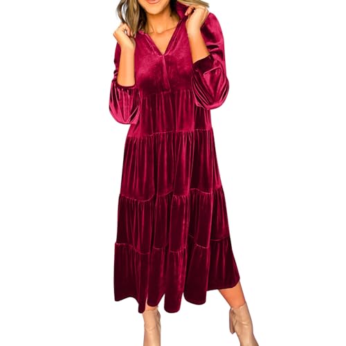 Lockeres schlankmachendes Kleid mit V-Ausschnitt und weitem Rock aus goldenem Samt (Red, XXXL) von MMOOVV