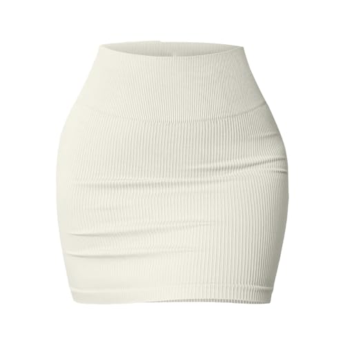 MMOOVV Basic Minirock für Damen, vielseitig dehnbar gerippt lässig hohe Taille Bleistiftrock (Beige, S) von MMOOVV