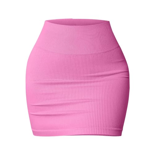 MMOOVV Basic Minirock für Damen, vielseitig dehnbar gerippt lässig hohe Taille Bleistiftrock (Pink, L) von MMOOVV