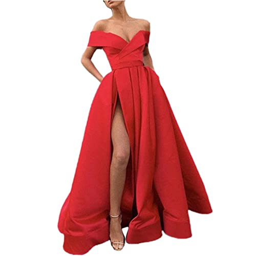 MMOOVV Cocktailkleid Schwarz Langarm Ballkleider Damen Lang Damen Elegant Party Abendkleid Seitenschlitz Hochzeit Urlaub Damen Kleid Festlich Langarm (Red, XXL) von MMOOVV