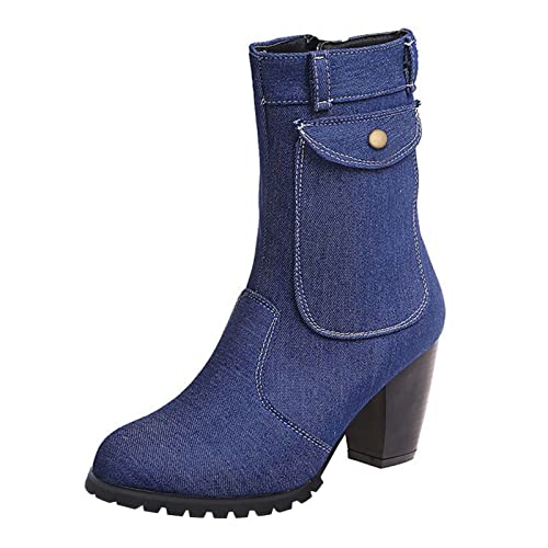 MMOOVV Cowboystiefel Damenstiefel Retro Reißverschluss für Damen mit Stiefel,modische Für Dicke Waden (Dark Blue, 38) von MMOOVV