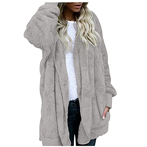 MMOOVV Damen Warm Cardigan Mantel Mode Einfarbig Tasche Plüsch Mittellang Doppelseitige Mantel Tops Herbst und Winter Casual Bequeme Gemütliche Outwear Jacke, grau, XXL Große Größen von MMOOVV