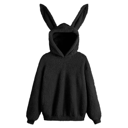 MMOOVV Einfarbiges Damen-Sweatshirt mit Hasenohren und Kapuze aus Plüsch Tops Pullover Hoodie (Black, XL) von MMOOVV