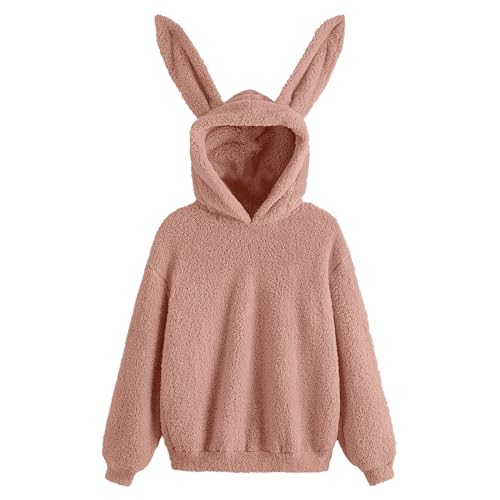 MMOOVV Einfarbiges Damen-Sweatshirt mit Hasenohren und Kapuze aus Plüsch Tops Pullover Hoodie (Pink, S) von MMOOVV