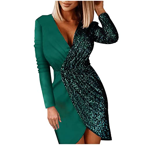 MMOOVV Glänzendes langärmliges hüftbetontes Damenkleid mit engem Schlitz Damenherbst und Winterkleid V Ausschnitt Langarm Kleid (Green, L) von MMOOVV