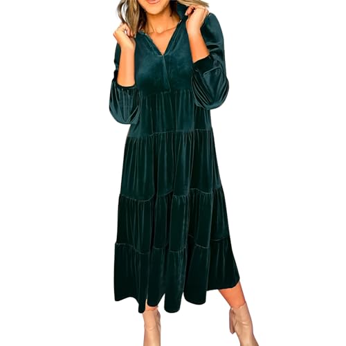 MMOOVV Goldfarbenes Samtkleid für Damen mit weitem Saum und Lockerem, schlankmachendem V-Ausschnitt Damen Kleid (Green, XXXL) von MMOOVV