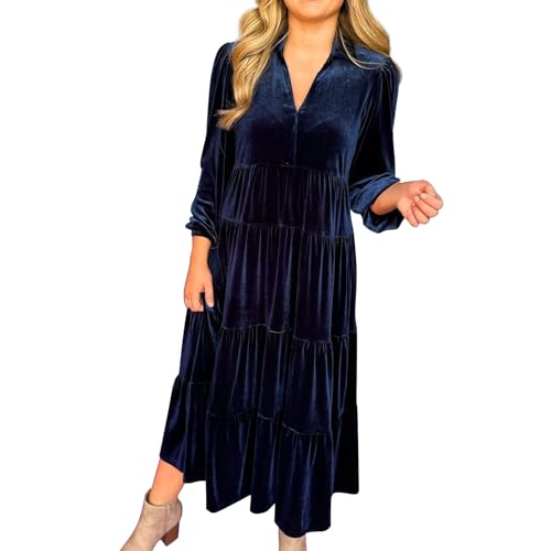 MMOOVV Goldfarbenes Samtkleid für Damen mit weitem Saum und Lockerem, schlankmachendem V-Ausschnitt Damen Kleid (Navy, XXXL) von MMOOVV