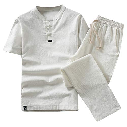 MMOOVV Herren Sommer Schlafanzug Mode Baumwolle Leinen Kurzarm Shorts Anzug Sport Home Service Pyjamas (Weiß M) von MMOOVV