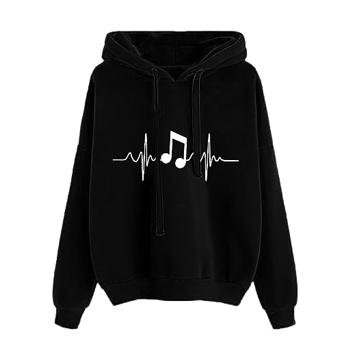 MMOOVV Isländer Pullover Damen Rundhals-Langarm-Sweatshirt mit Musiknoten-Aufdruck, einfarbig, mit Kapuze, modisches, lockeres Oberteil Hoodie Anime (d-Black, S) von MMOOVV