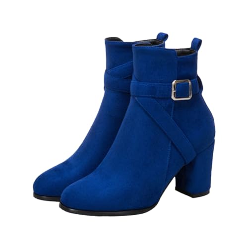 MMOOVV Modische Mittelstiefel Damen Einfarbige Lederstiefel Damen Stiefel winterstiefel damen mit absatz (Blue, 38) von MMOOVV