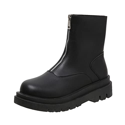 MMOOVV Modische einfarbige kurze Stiefel mit Reißverschluss vorne aus mit dicker Sohle winterstiefel gefüttert und wasserdicht (Black, 37) von MMOOVV