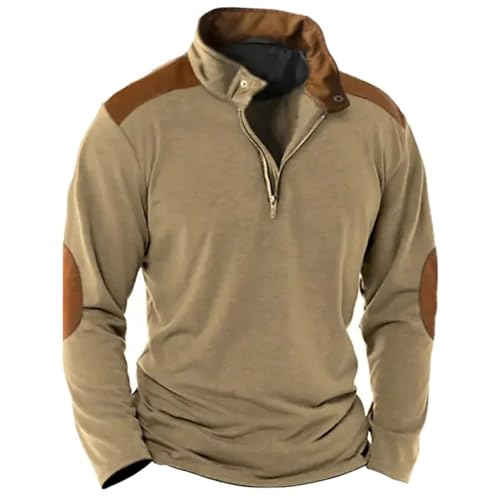 MMOOVV Pullover Herren Casual Pullover Stehkragen Knopfleiste Reißverschluss Pullover Herbst und Winter Top Herren Hoodie Herren (Khaki, XXXL) von MMOOVV