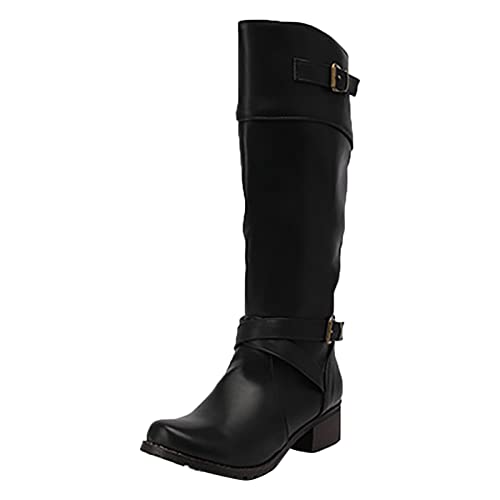 MMOOVV Stiefel mit hohen Absätzen und Gürtelschnalle für Damen im Herbst und Winter Weiter Schaft Damen (Black, 41) von MMOOVV