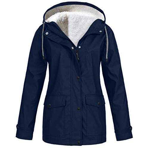 MMOOVV Winterjacke Damen Winter Jacke Solide Plüsch Verdickung Jacke Outdoor Plus Size Kapuzen Regenmantel Winddicht (Marine 2XL) von MMOOVV