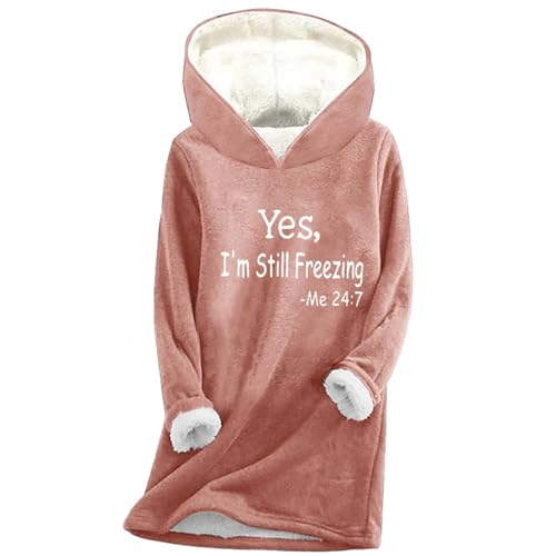 MMOOVV YES I'm Still Freezing Me -Winter-Plüsch-Buchstaben-Druck-Thermo-Top mit Kapuze Damen Strickpullover (Pink, S) von MMOOVV